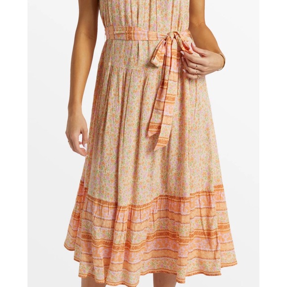 Billabong Floral Print Midi Sundress Strappy Belted Orange Pink Wish For You "M" - Picture 2 of 6